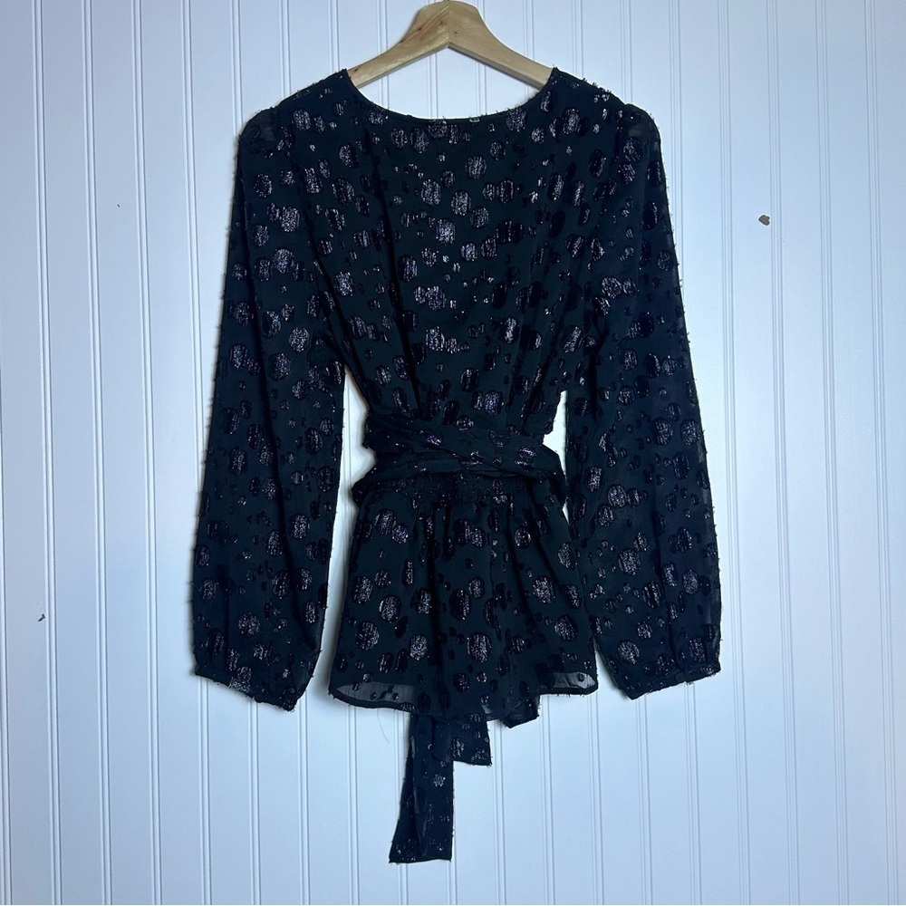 J. Crew Tie-waist V-neck top in black metallic dot jacquard M Casual Business - Picture 9 of 14